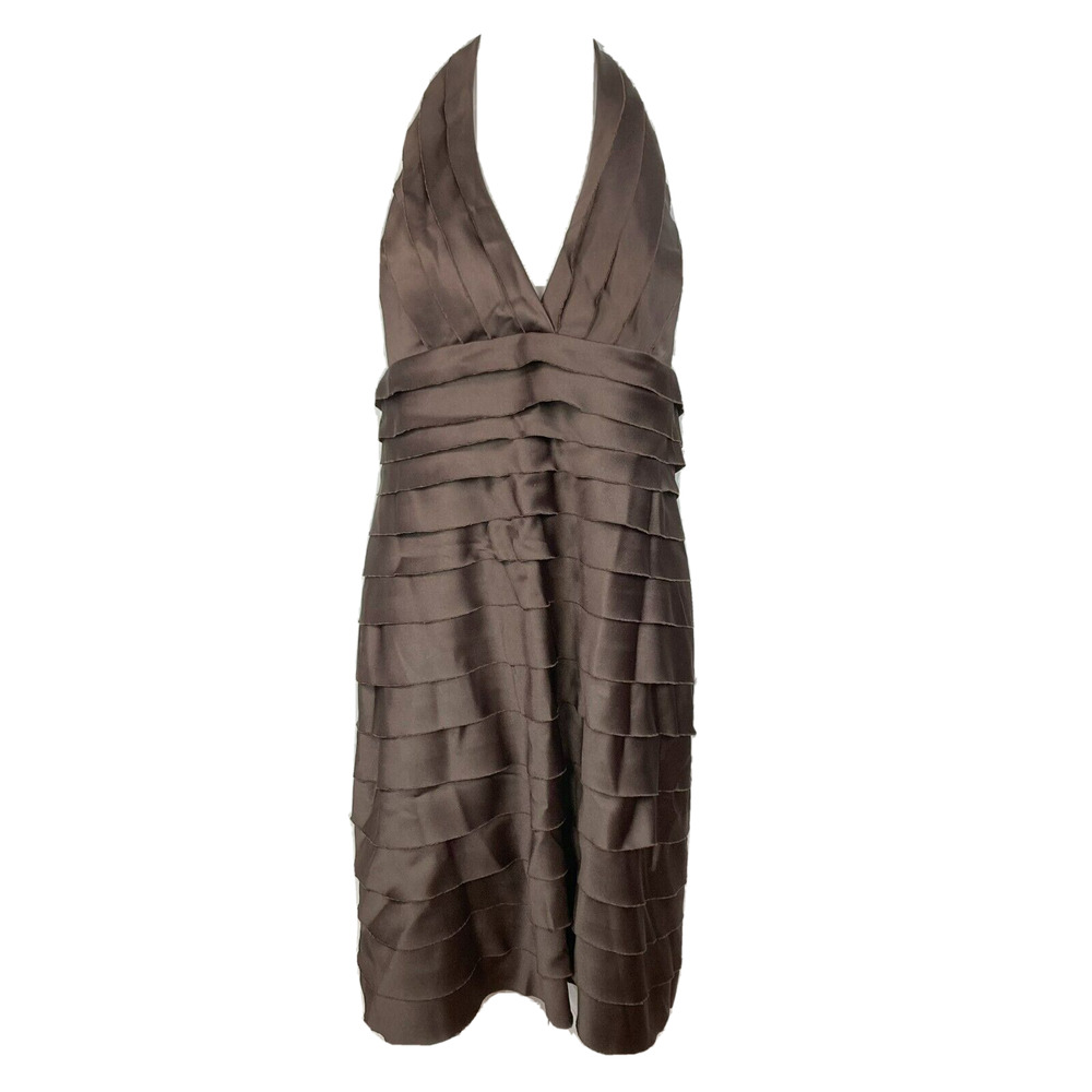 AGBโ Dress Womens Sz 14P Petite Brown Halter Tie Sheath Tiered Layers V-Neck
